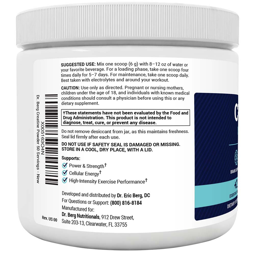 Creatine Monohydrate Powder, Unflavored, 50 servings bottle label, left side view, suggested use instructions, safety warning details.