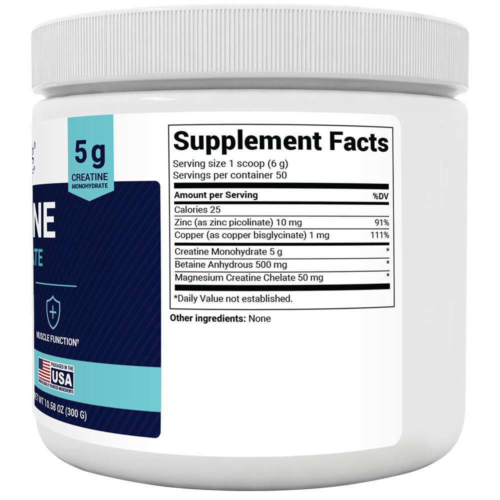 Creatine Monohydrate Powder, Unflavored, 50 servings bottle label, right side view, supplement facts table.