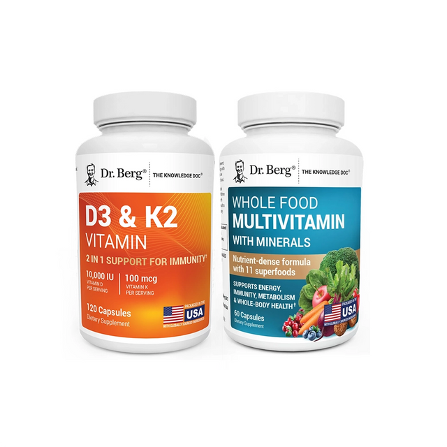 Two bottles of Dr. Berg vitamins on a white background
