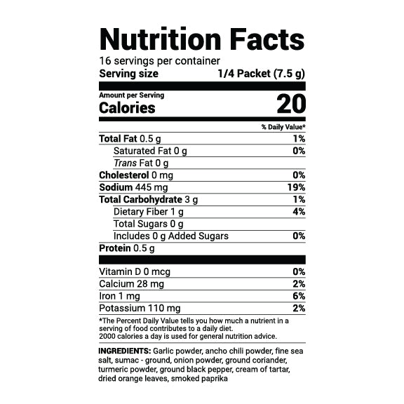 Foundation Pantry Live Fire Fajita & Grill Rub Nutrition Facts label showing serving size, calories, and ingredients.