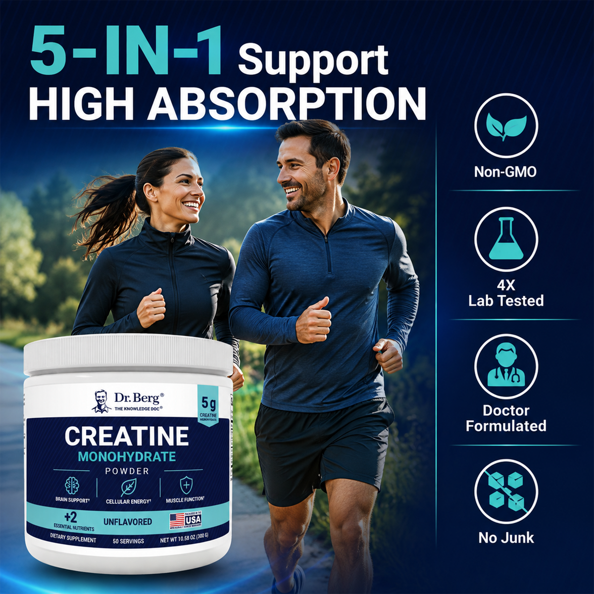 "5-in-1 Support, High Absorption" graphic for Dr. Berg Creatine Monohydrate Powder, non-GMO, 4X lab tested, doctor formulated, no junk.