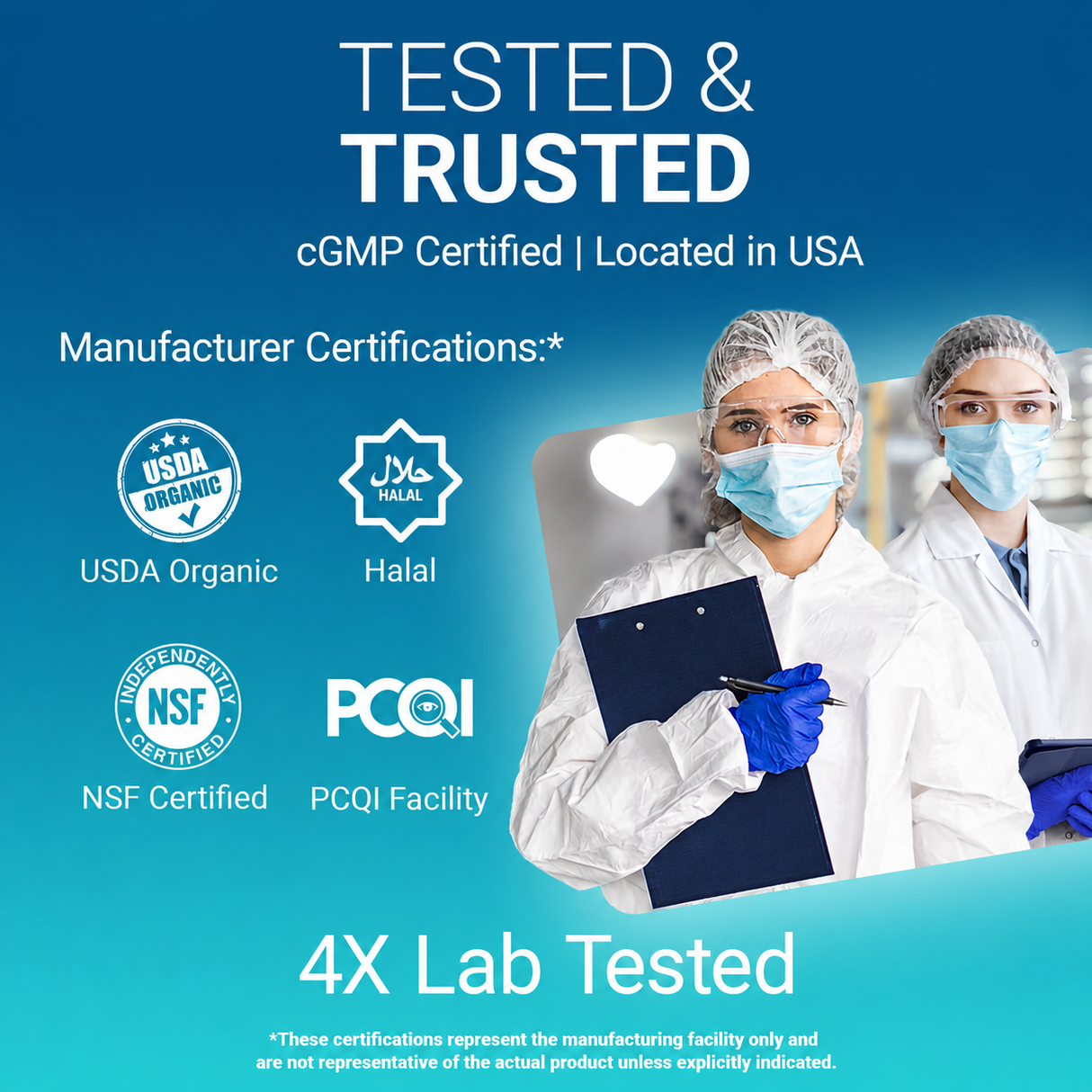 Two people in lab coats with a “Tested & Trusted” certifications graphic highlighting USDA Organic, Halal, NSF Certified, PCQI, 4X lab tested for purity and potency, and formulated in the USA.