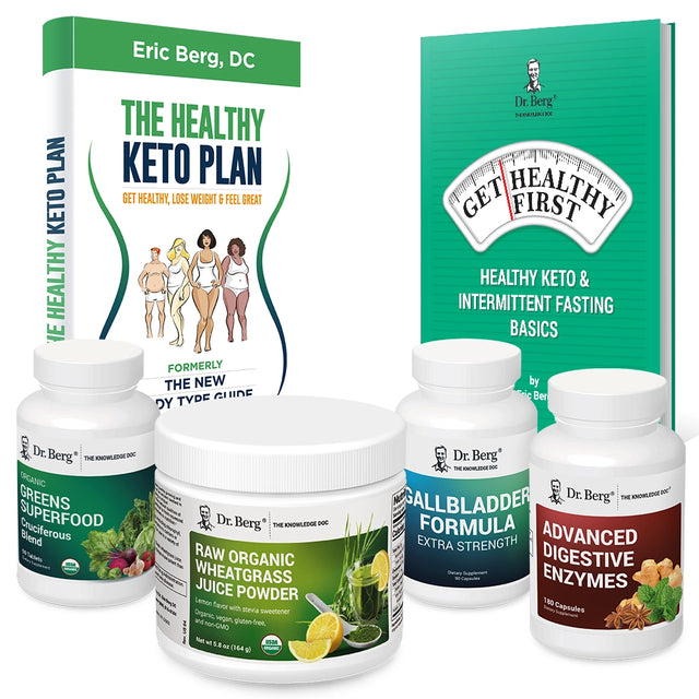 Dr. Berg's Liver Body Type Package: 2 books and 4 supplement bottles.