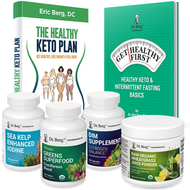 Dr. Berg's Ovary Body Type Package: 2 books and 4 supplement bottles.
