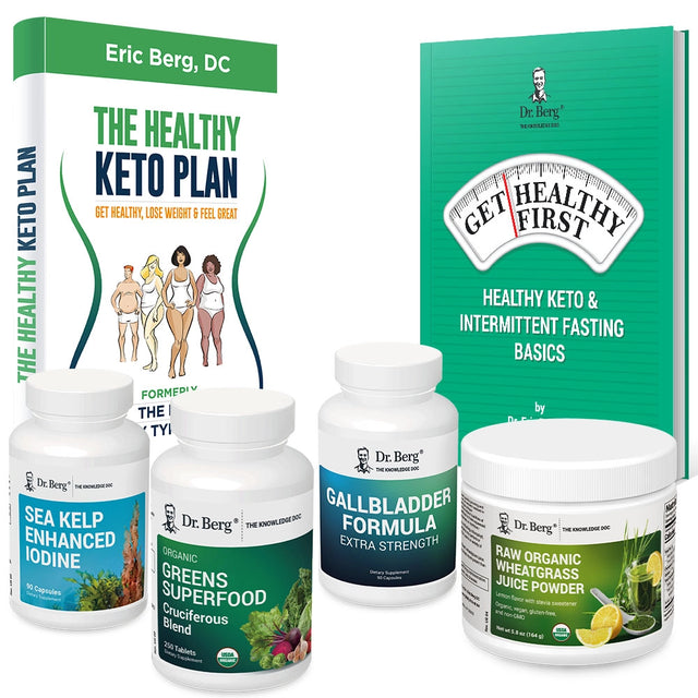 Dr. Berg's Thyroid Body Type Package: 2 books and 4 supplement bottles.