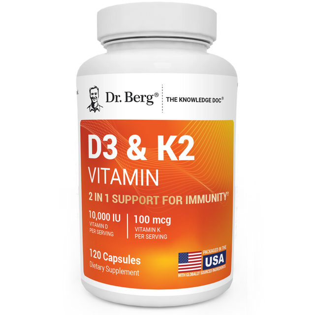 D3 and K2 Vitamin 10,000 IU, 120 capsules, front view, bottle with Dr. Berg branding.