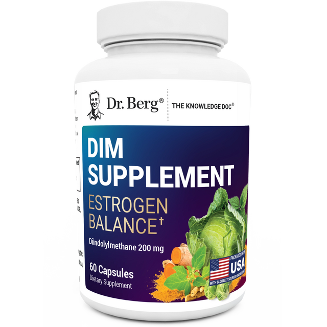 DIM Supplement Estrogen Balance, 60 capsules, front view, bottle with Dr. Berg branding, vegetables and turmeric on the cover.