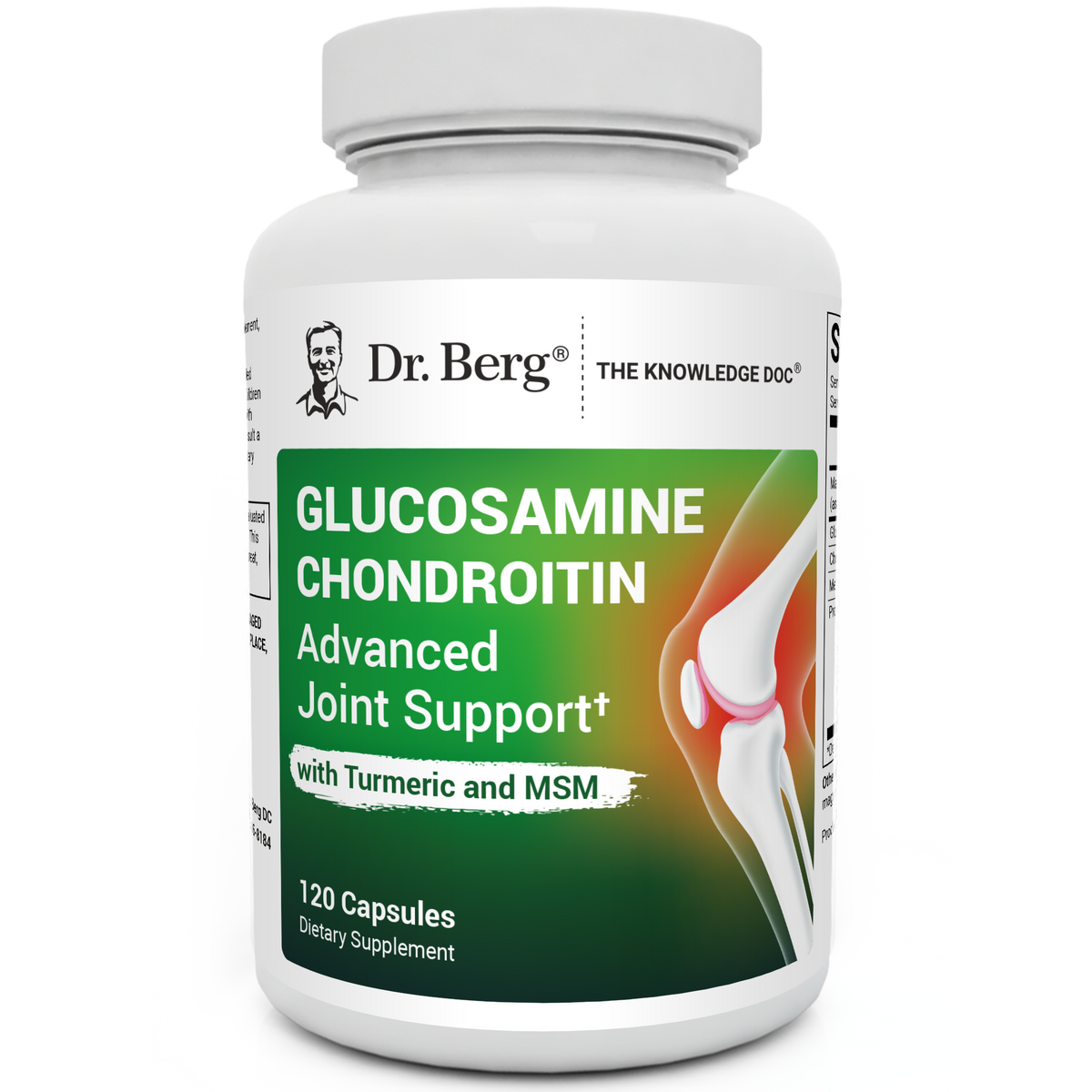 Glucosamine Chondroitin Advanced Joint Support with Turmeric and MSM, 120 capsules, front view, bottle with Dr. Berg branding and knee joint on the cover.