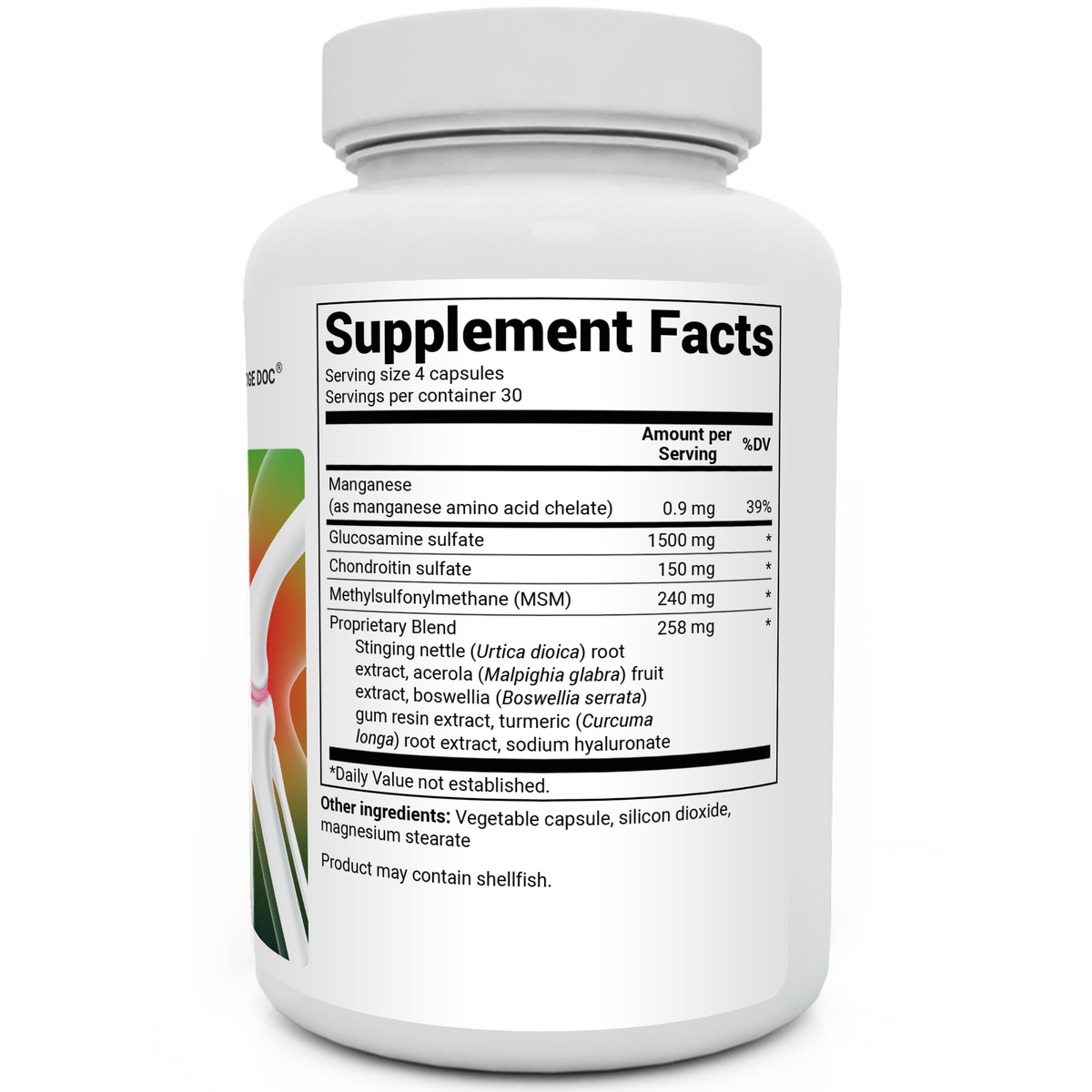 Glucosamine Chondroitin Advanced Joint Support bottle label, right side view, supplement facts.