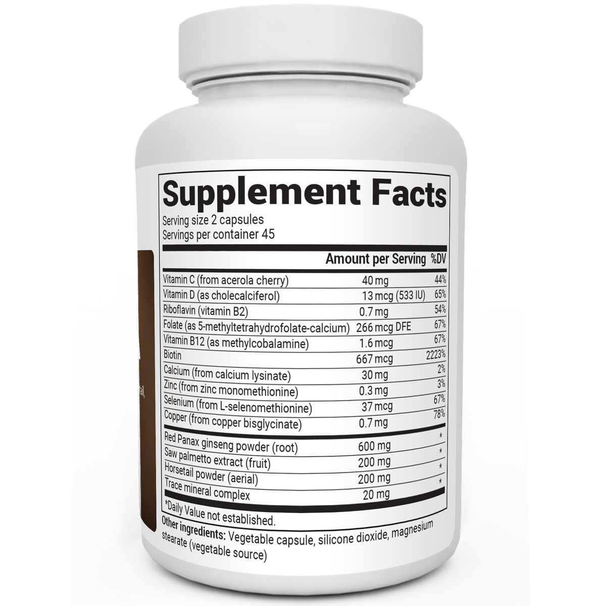 Hair Formula bottle label, right side view, supplement facts.