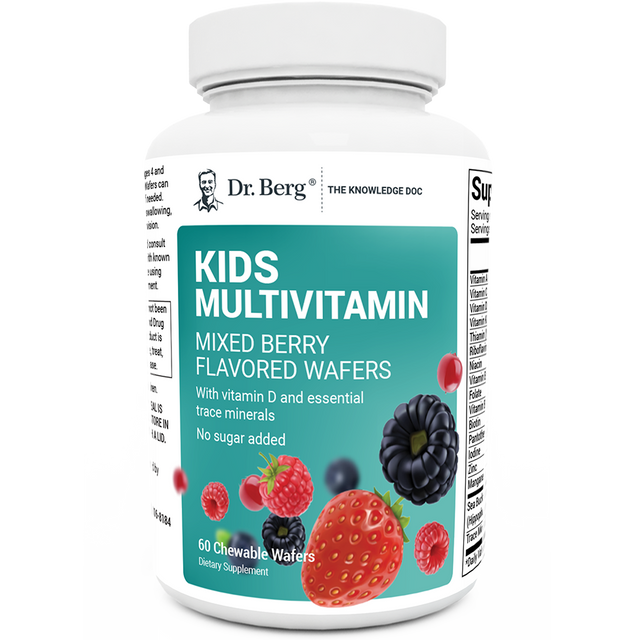 Kids Multivitamin, mixed berry flavored wafers, no sugar added, 60 chewable wafers, front view, bottle with Dr. Berg branding and mixed berries on the cover.