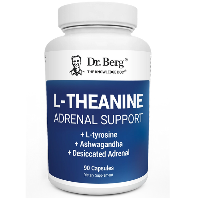 L-theanine Adrenal Support, 90 capsules, front view, bottle with Dr. Berg branding.