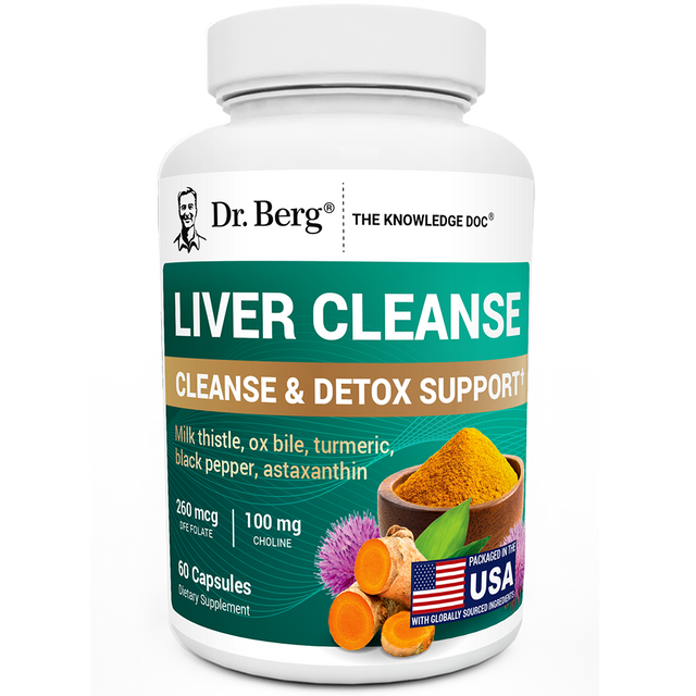 Liver Cleanse Detox Support, 60 capsules, front view, bottle with milk thistle, ox bile, turmeric, black pepper, and astaxanthin.