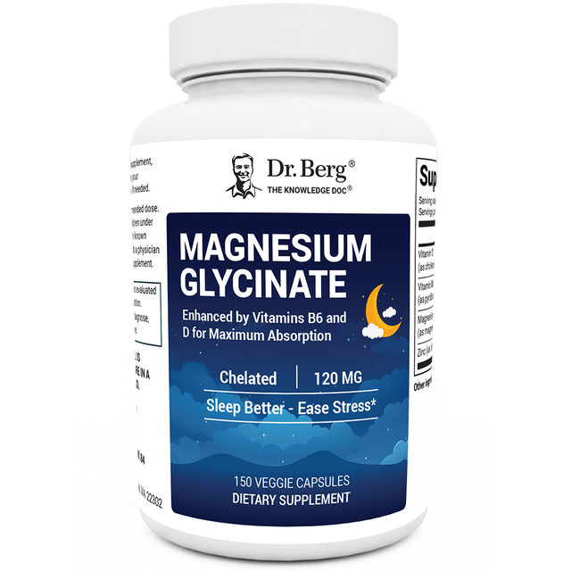 Magnesium Glycinate with added vitamin B6 and D, 150 capsules, front view, bottle with Dr. Berg branding.