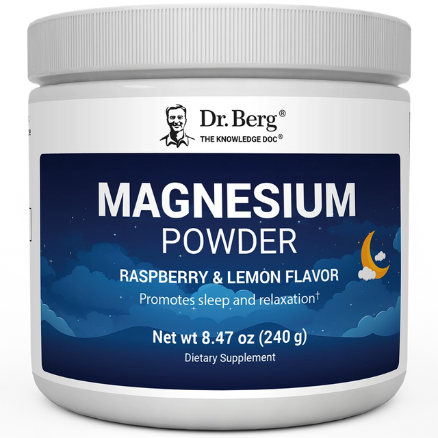 Magnesium Powder, Raspberry and Lemon flavor, 50 servings, 8.29 ounces, front view, bottle with Dr. Berg branding and night sky design on the label.
