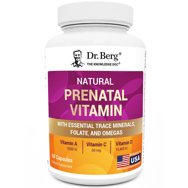 Natural Prenatal Vitamin, 60 capsules, front view, bottle with Dr. Berg branding visible and labeled as packaged in the U.S.A.