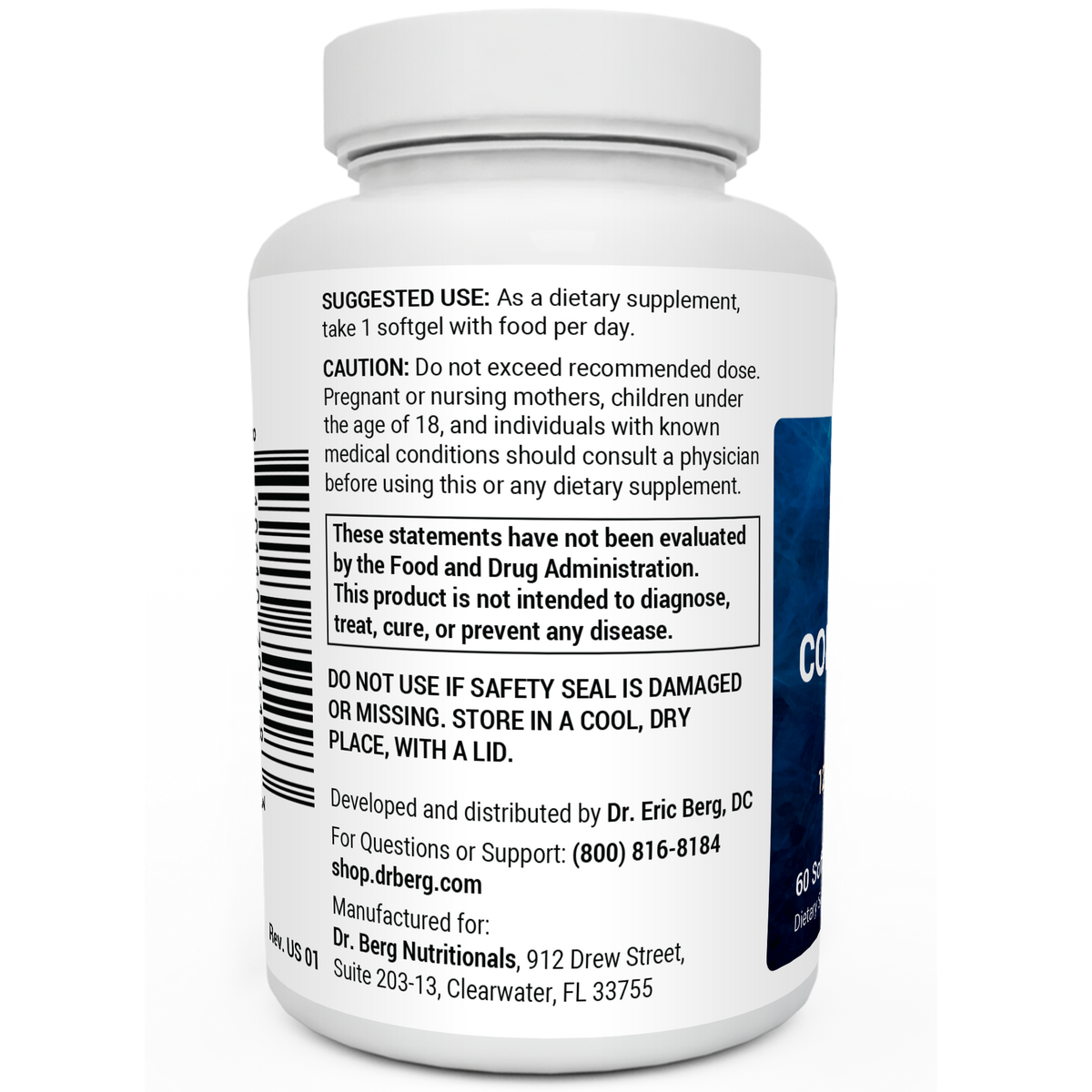 Wild-Caught Omega-3 Cod Liver Fish Oil bottle label, left side view, suggested use instructions, safety warning details.