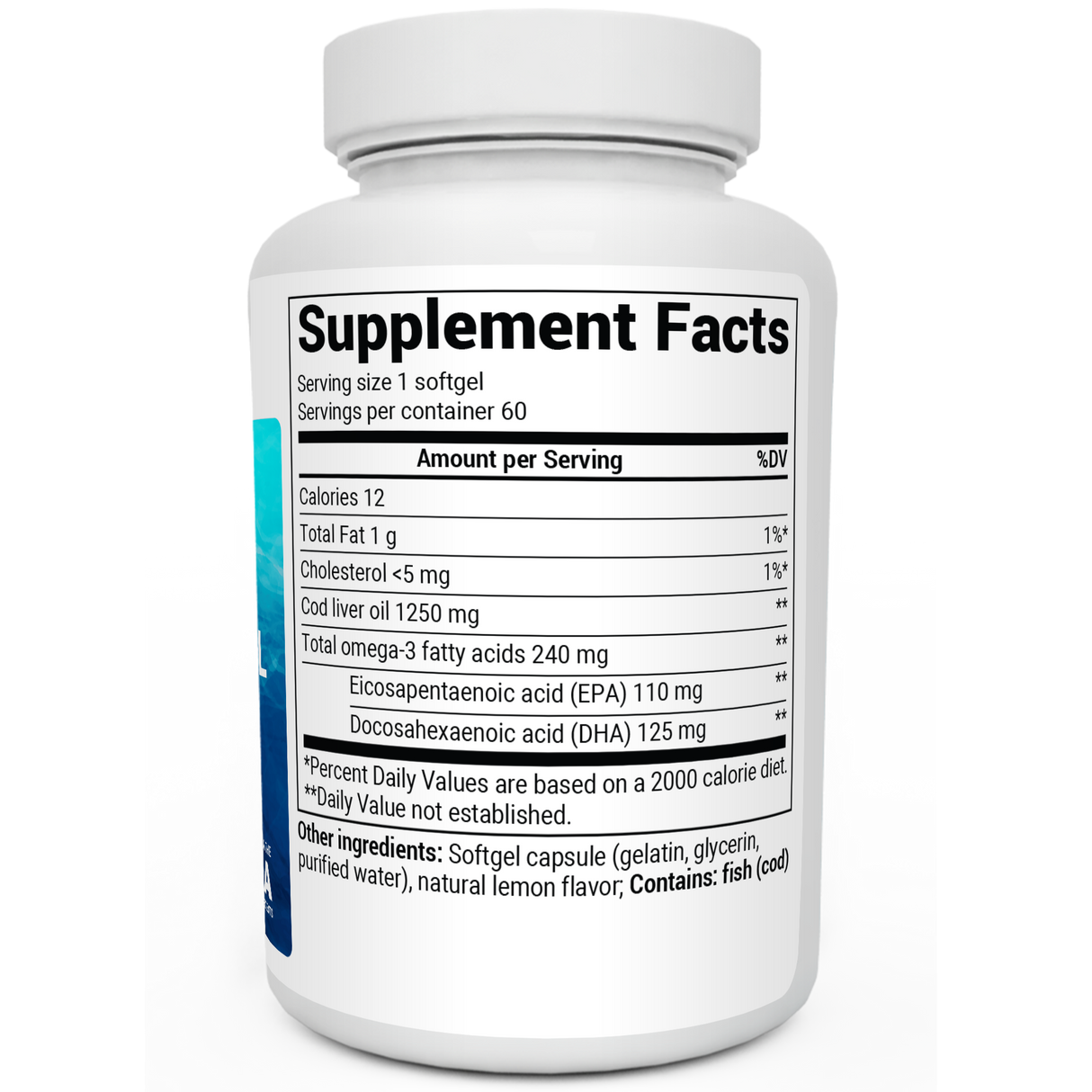 Wild-Caught Omega-3 Cod Liver Fish Oil bottle label, right side view, supplement facts.