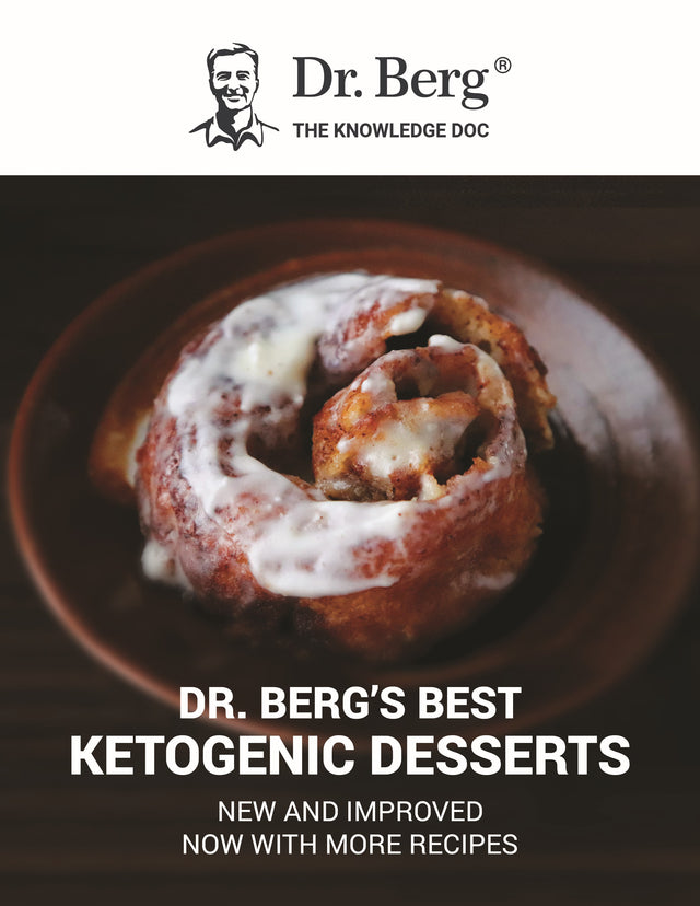 Dr. Berg's Best Ketogenic Desserts, digital e-book showcasing a cinnamon roll on the cover.