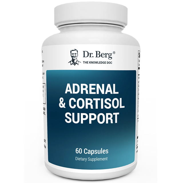 Adrenal and Cortisol Support, 60 capsules, front view, bottle with Dr. Berg branding.