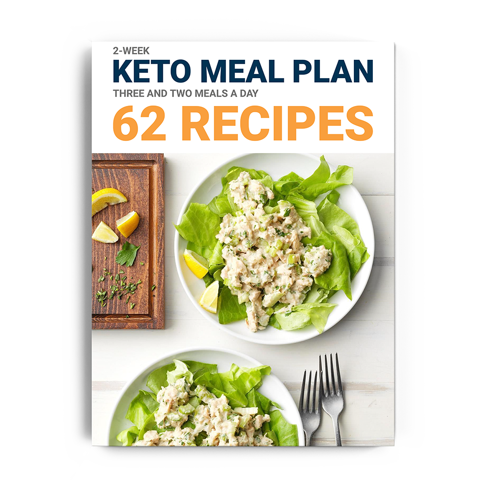 Dr. Berg's 2-week Keto Meal Plan: Digital version with 62 recipes. Cover shows two plates of chicken salad lettuce wraps, sliced lemons, a cutting board, and two forks.