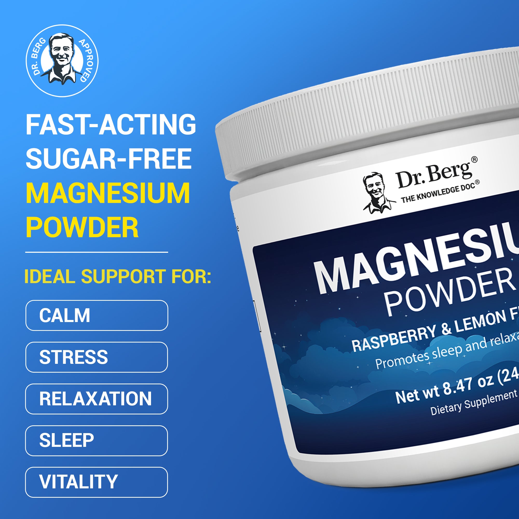 Magnesium Powder Drink Raspberry Lemon Flavor – 325 mg of
