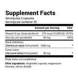 Close-up view of Advanced Immune Support supplement facts label.