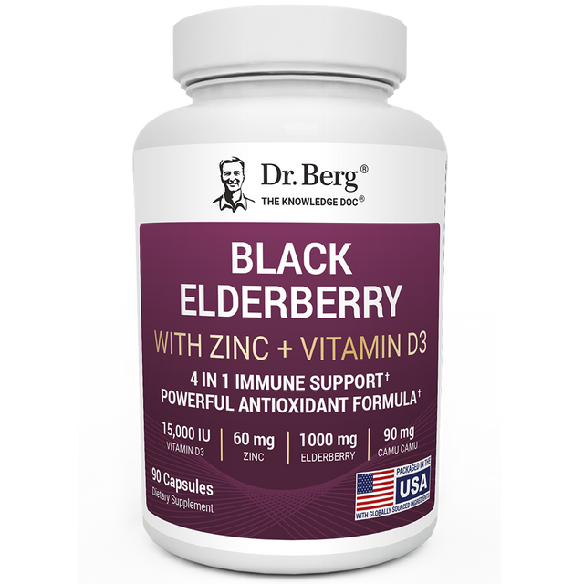 Black Elderberry with Zinc and Vitamin D3, 90 capsules, front view, bottle with Dr. Berg branding and elderberries on the label. 