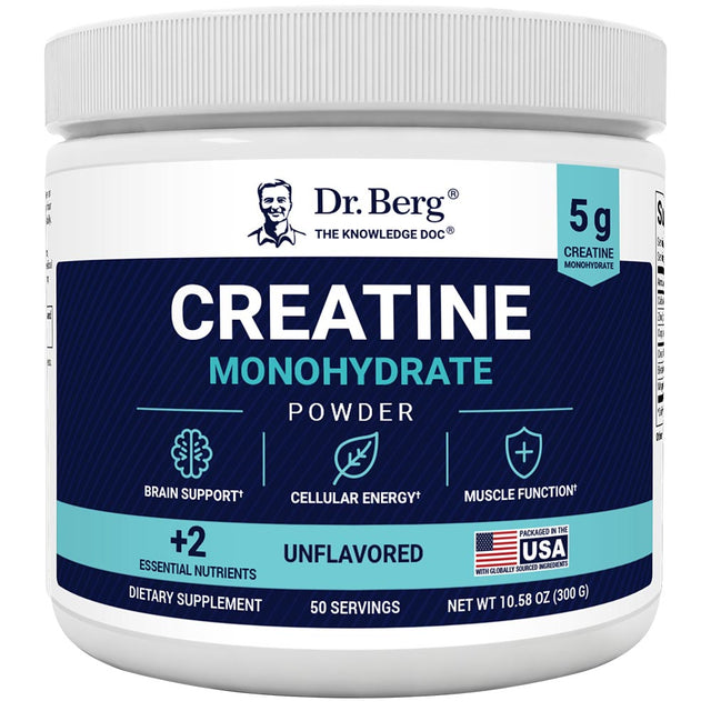 Creatine Monohydrate Powder, Unflavored, 50 Servings, 10.58 ounces, front view, bottle with Dr. Berg branding.