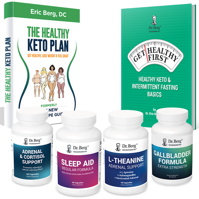 Dr. Berg's Adrenal Body Type Package: 2 books and 4 supplement bottles.