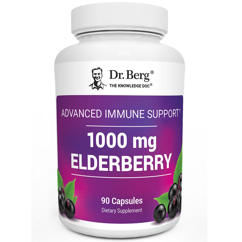 Advanced Immune Support, 1000 mg Elderberry, 90 capsules, front view, bottle with Dr. Berg branding and elderberries on the label. 