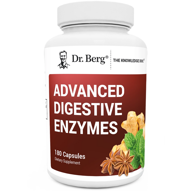 Advanced Digestive Enzymes, 180 tablets, front view, bottle with Dr. Berg branding, ginger roots, peppermint leaves, and anise plants on the cover.