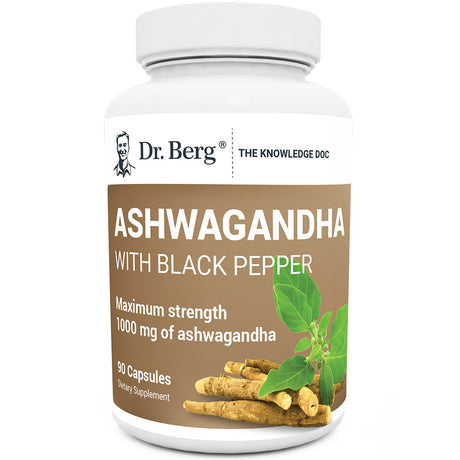 Ashwagandha with Black Pepper, 90 capsules, front view, bottle with Dr. Berg branding and ashwagandha plant on the cover.