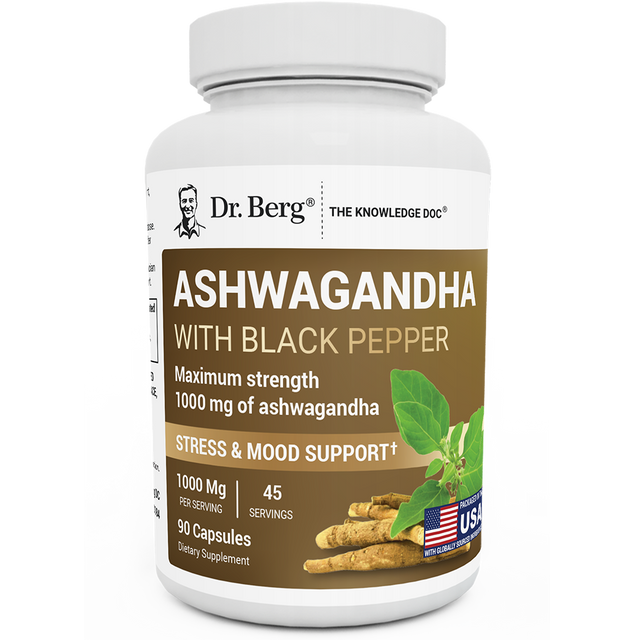Ashwagandha with Black Pepper, 90 capsules, front view, bottle with Dr. Berg branding and ashwagandha plant on the cover.