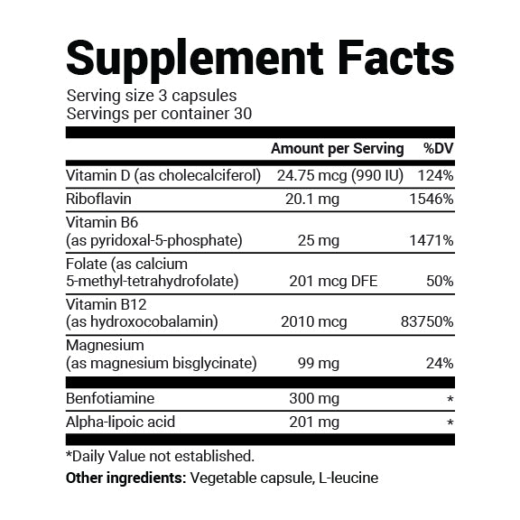 Supplement Facts label for Benfotiamine showing the full ingredient list.