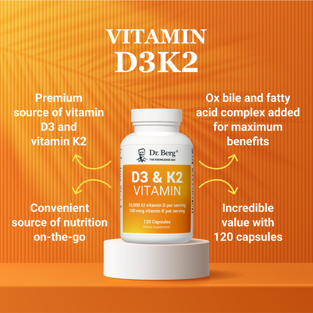 Infographic: Vitamin D3K2 - Premium source of vitamin D3 and vitamin K2. Convenient on-the-go nutrition. Added ox bile and fatty acid complex for maximum benefits. Incredible value with 120 capsules.