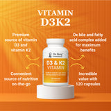 Infographic: Vitamin D3K2 - Premium source of vitamin D3 and vitamin K2. Convenient on-the-go nutrition. Added ox bile and fatty acid complex for maximum benefits. Incredible value with 120 capsules.