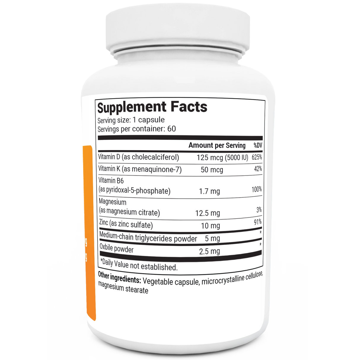 D3 and K2 Vitamin  5,000 IU bottle label, right side view, supplement facts. 