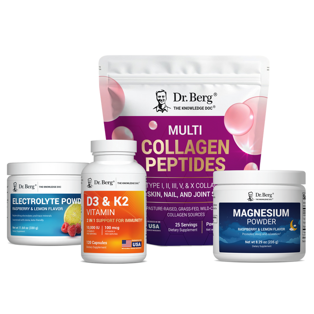 Collection of Dr. Berg health products including a multivitamin, electrolyte powder, vitamin D3 & K2 supplement, and magnesium powder on a white background.