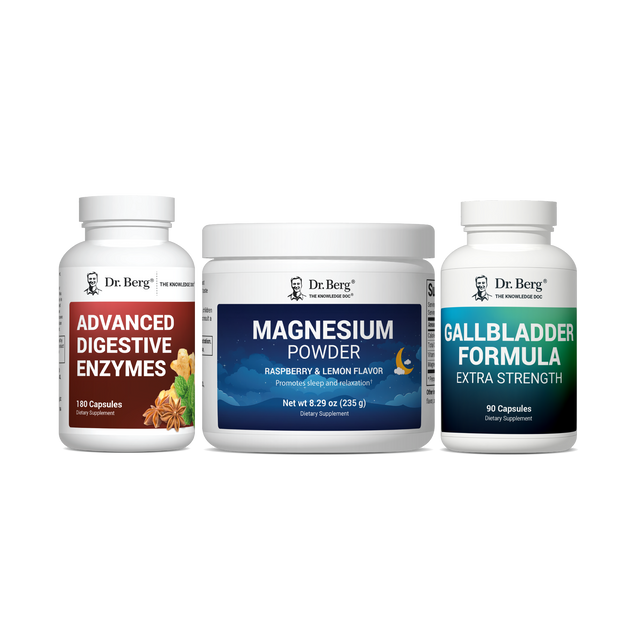 Three Dr. Berg supplement bottles on a white background