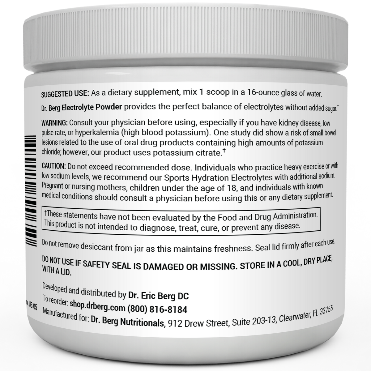 Electrolyte Powder, Raspberry and Lemon Flavor 50 Servings bottle label, left side view, suggested use instructions, safety warning details.