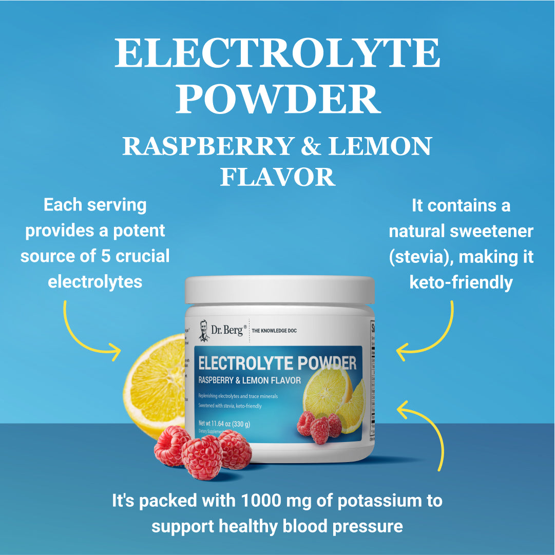 Infographic: Electrolyte Powder - Raspberry and Lemon Flavor. Each serving provides a potent source of 5 crucial electrolytes. Contains natural sweetener (stevia), making it keto-friendly. Packed with 1000 mg of potassium to support healthy blood pressure.