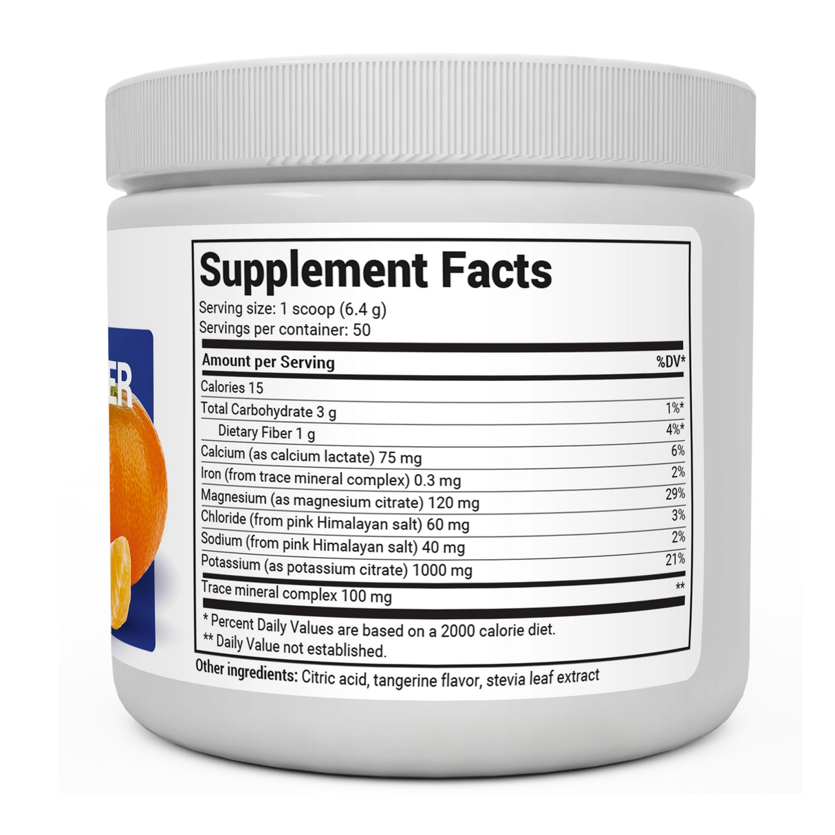 Electrolyte Powder, Tangerine Flavor bottle label, right side view, supplement facts. 