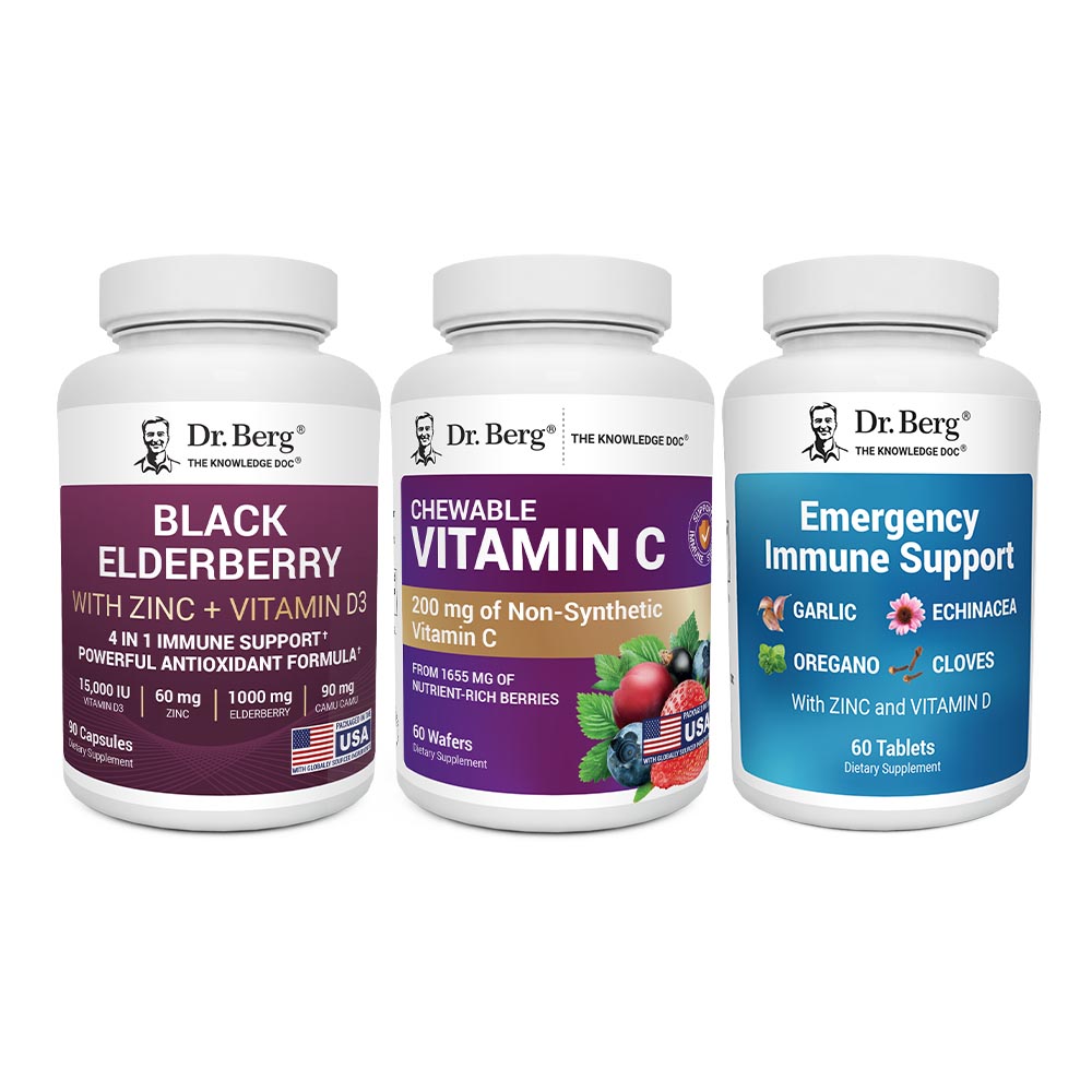 Three Dr. Berg health products on a white background.