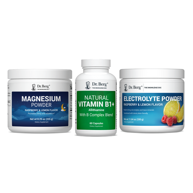 Three health supplement products from Dr. Berg on a white background