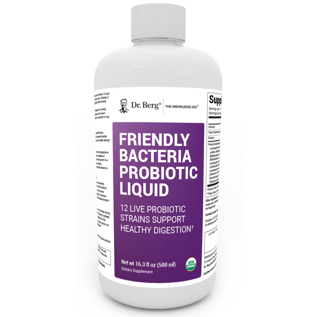 Friendly Bacteria Probiotic Liquid, 16.3 fluid ounces, front view, bottle with Dr. Berg branding and Certified Organic logo.