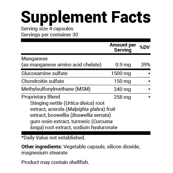 Close-up of Glucosamine Chondroitin Joint Support supplement facts table.