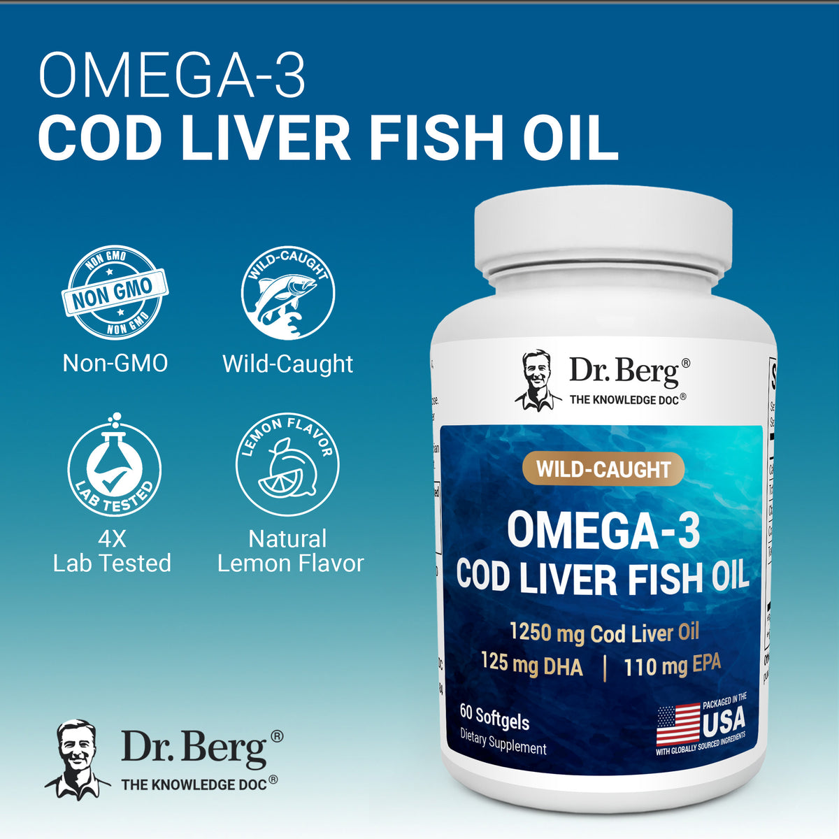 Bottle of Dr. Berg Omega-3 Cod Liver Fish Oil with blue background. Text on image: 'Omega-3 Cod Liver Fish Oil’ with highlights of Non-GMO, Wild-caught, 4x Lab Tested, and Natural Lemon Flavor.
