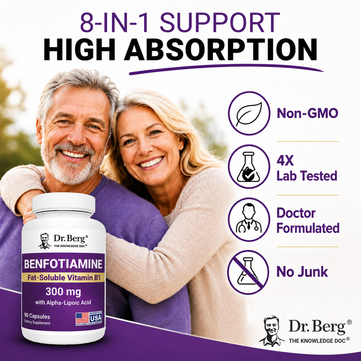“8-in-1 Support, High Absorption” graphic for Dr. Berg Benfotiamine, highlighting non-GMO, 4X lab tested, doctor formulated, and no junk, with a couple hugging in the background.
