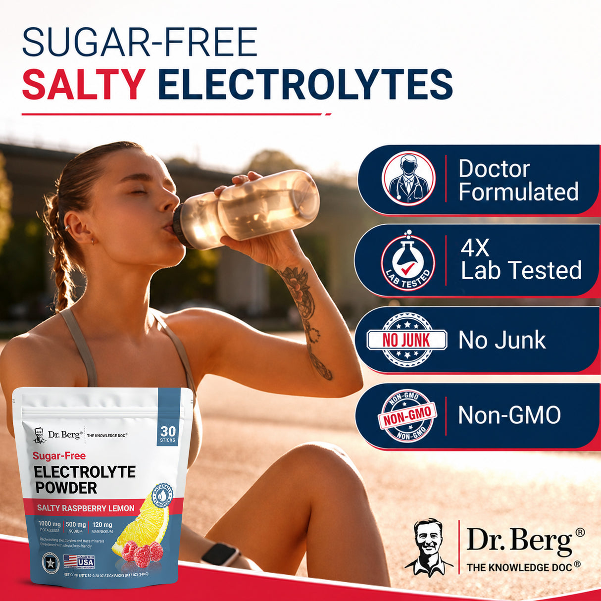 “Sugar-Free Salty Electrolytes” graphic highlighting Doctor Formulated, 4X Lab Tested, No Junk, and Non-GMO claims, with a person outdoors drinking from a sports bottle and Dr. Berg Salty Raspberry Lemon Electrolyte Powder.